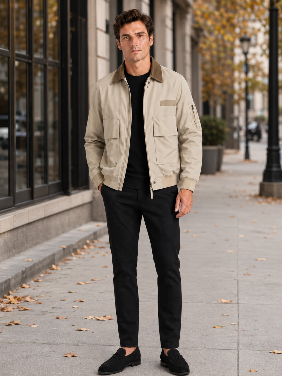 Men's pilot jacket – Khaki lifestyle view – Edward & Lawsen