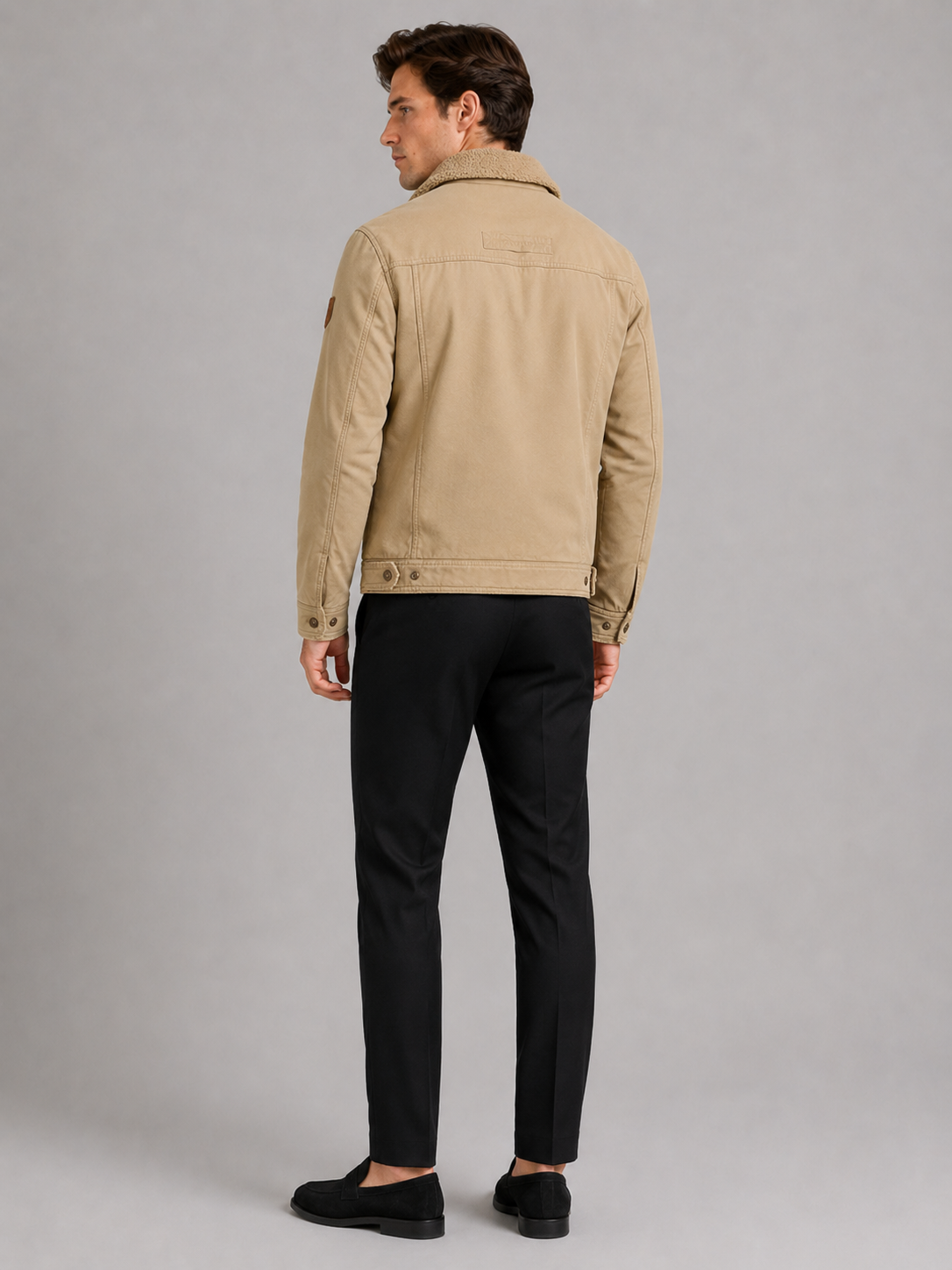 Men's windproof fleece jacket with faux fur-style collar – Khaki back view – Edward & Lawsen