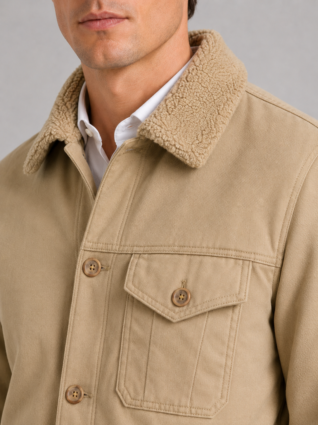 Men's windproof fleece jacket with faux fur-style collar – Khaki detail view – Edward & Lawsen