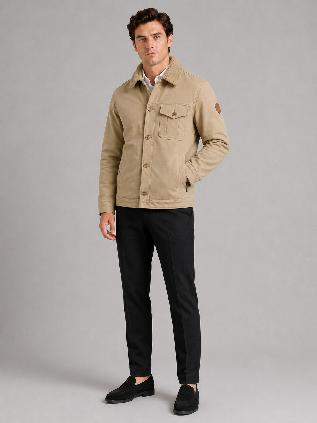Men's windproof fleece jacket with faux fur-style collar – Khaki full view – Edward & Lawsen