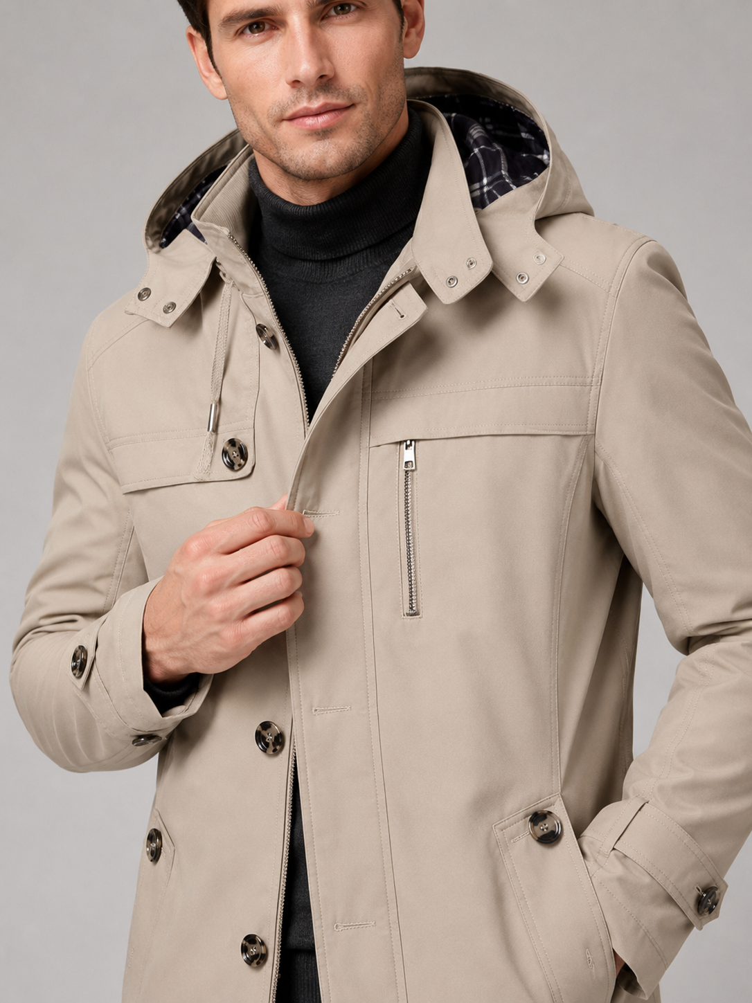Men's hooded cotton trench coat – Beige detail view – Edward & Lawsen