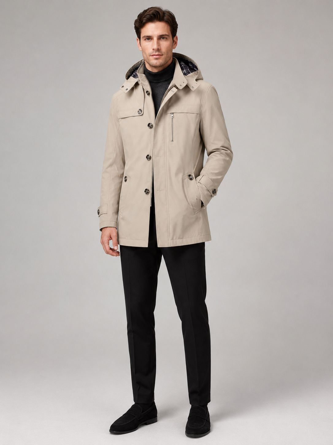 Men's hooded cotton trench coat – Beige full view – Edward & Lawsen