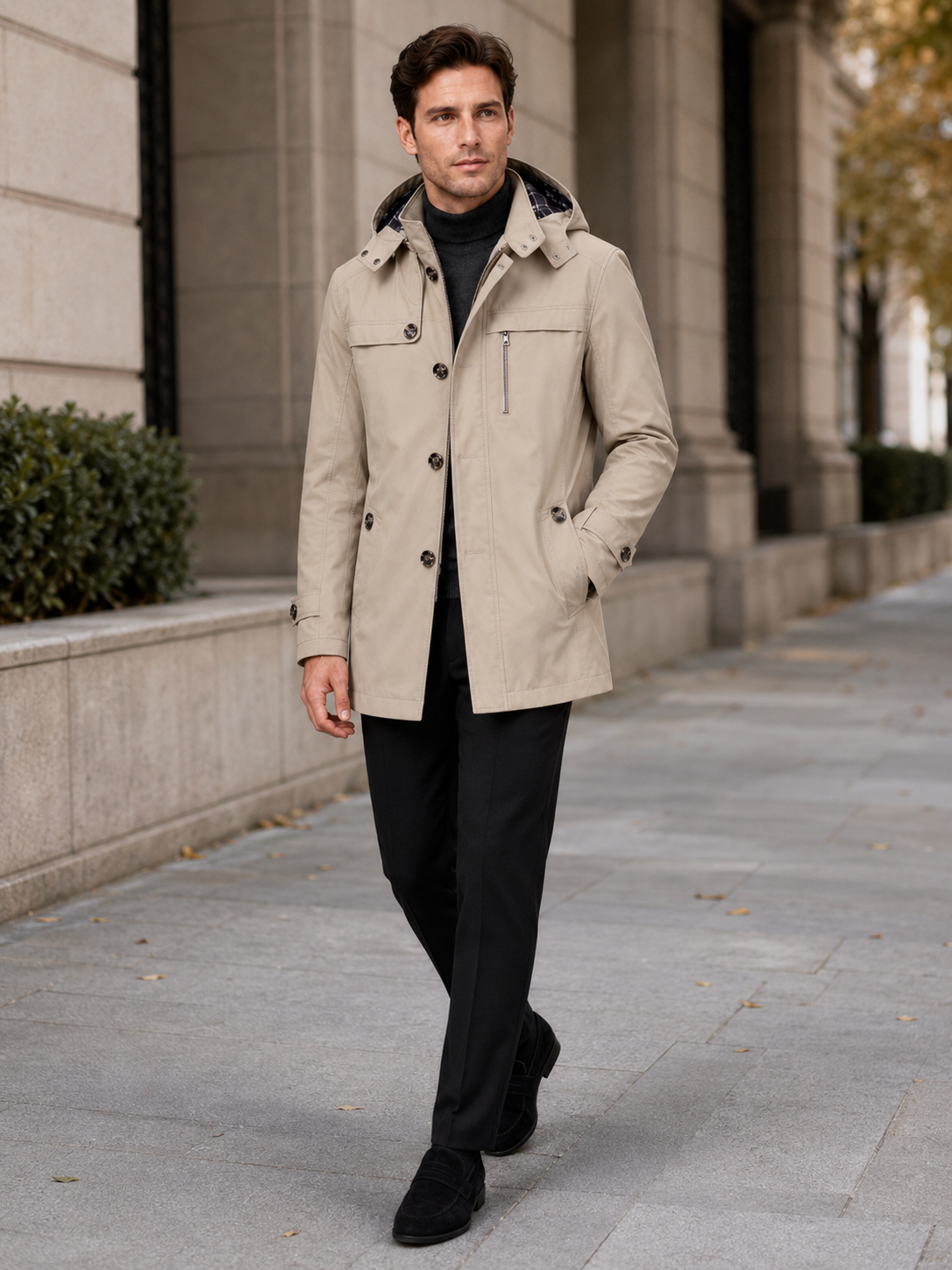 Men's hooded cotton trench coat – Beige lifestyle view – Edward & Lawsen