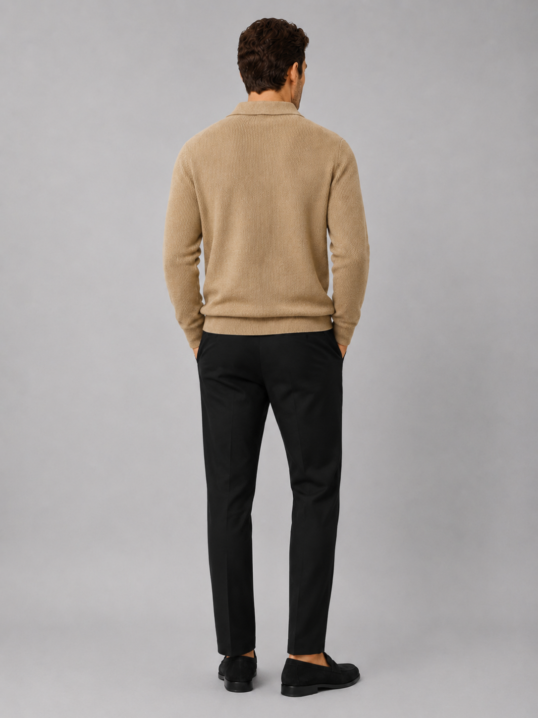Men's Johnny collar sweater – Khaki back view – Edward & Lawsen