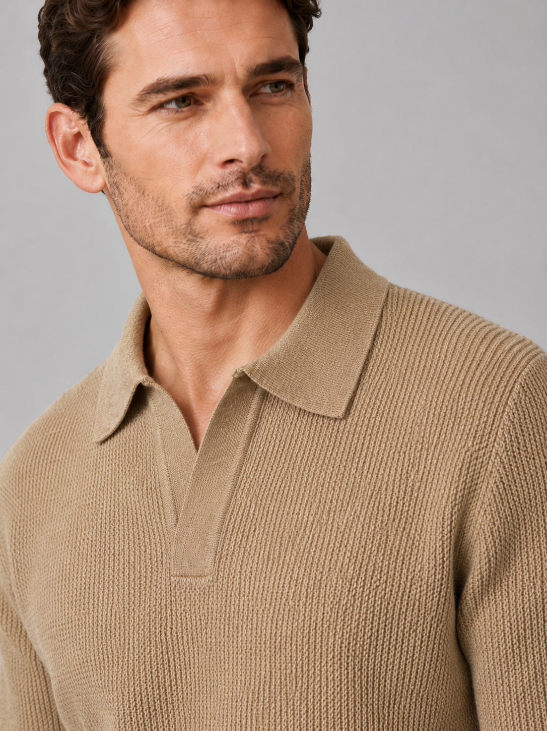 Men's Johnny collar sweater – Khaki detail view – Edward & Lawsen