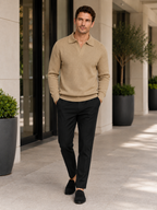 Men's Johnny collar sweater – Khaki lifestyle view – Edward & Lawsen