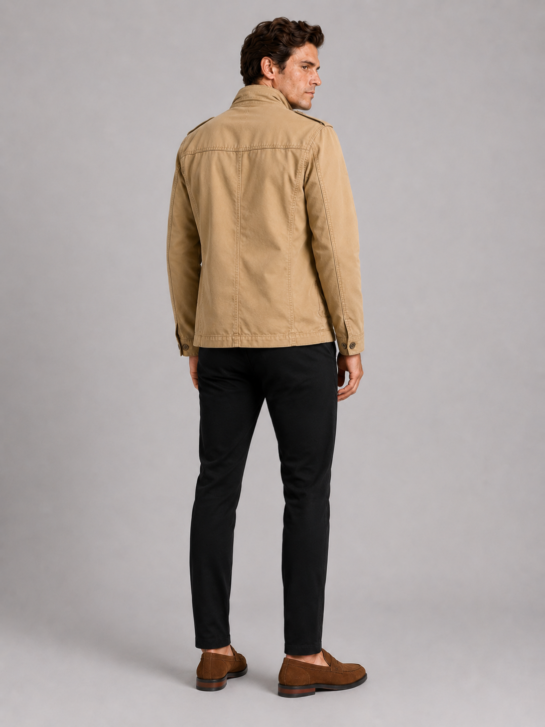 Men's military cargo jacket – Khaki back view – Edward & Lawsen