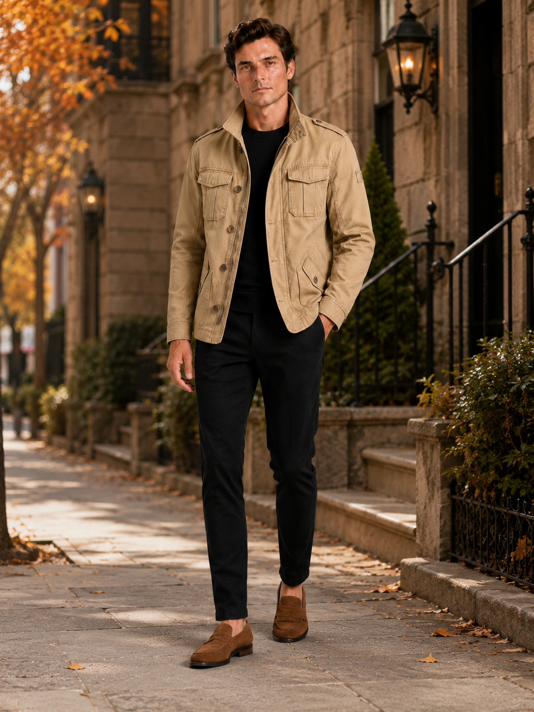 Men's military cargo jacket – Khaki lifestyle view – Edward & Lawsen