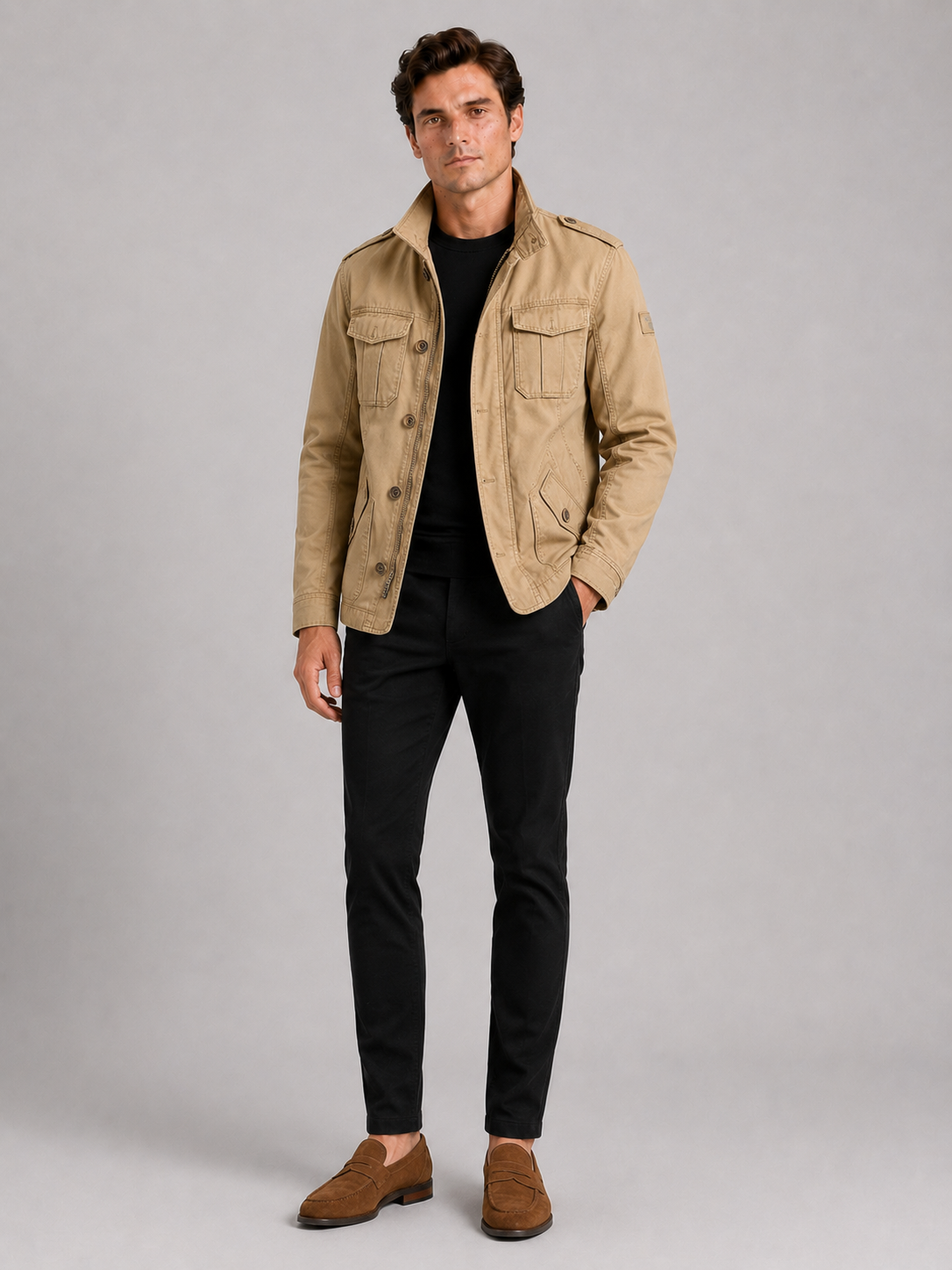 Men's military cargo jacket – Khaki full view – Edward & Lawsen