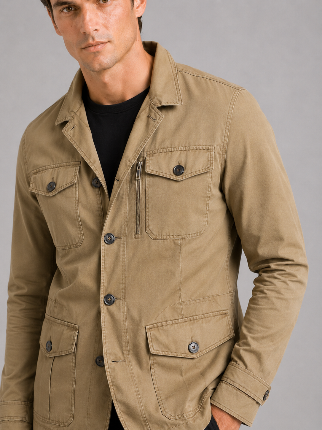 Men's military windbreaker jacket – Khaki detail view – Edward & Lawsen