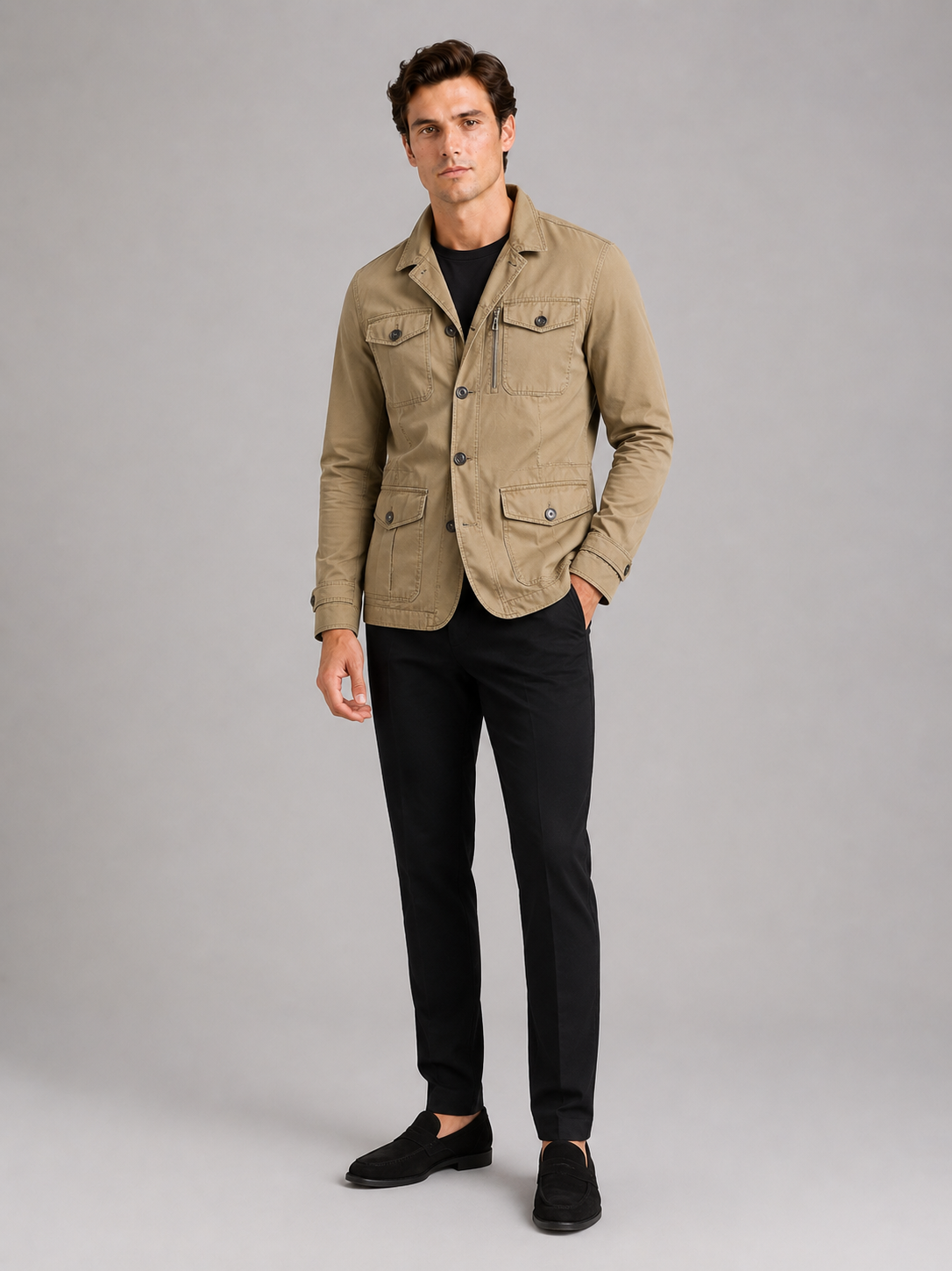 Men's military windbreaker jacket – Khaki full view – Edward & Lawsen