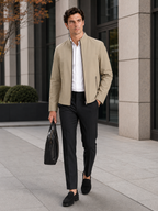 Men's stand collar fall jacket – Khaki lifestyle view – Edward & Lawsen