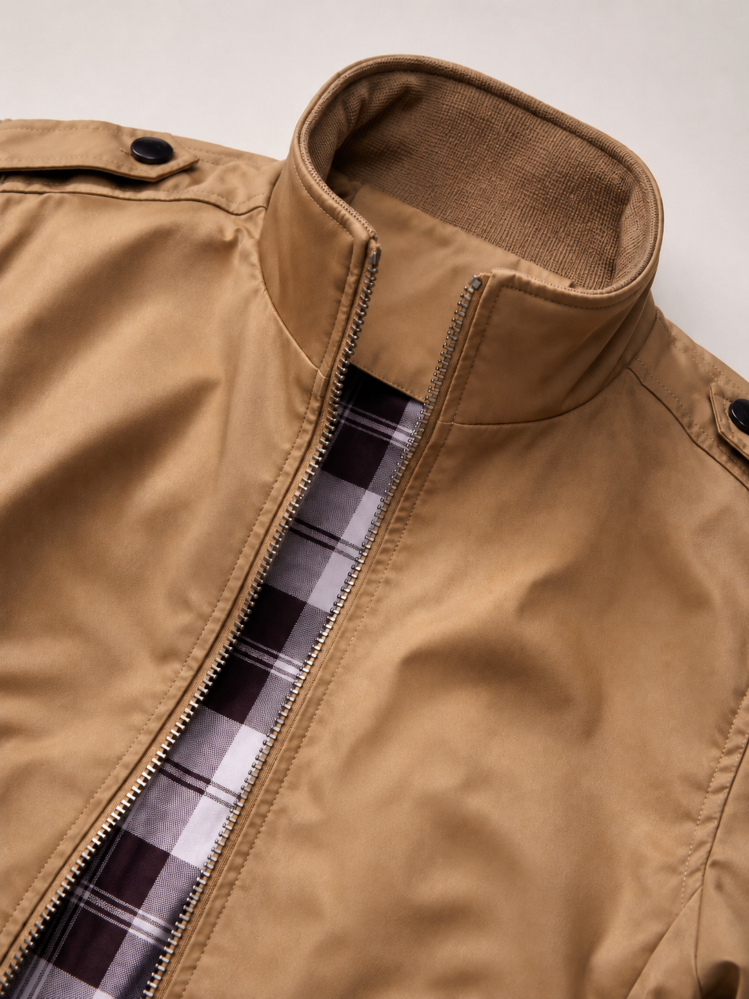 Men's stand collar trench jacket – Khaki detail view – Edward & Lawsen