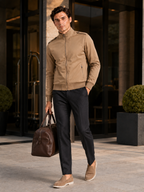 Men's stand collar trench jacket – Khaki lifestyle view – Edward & Lawsen