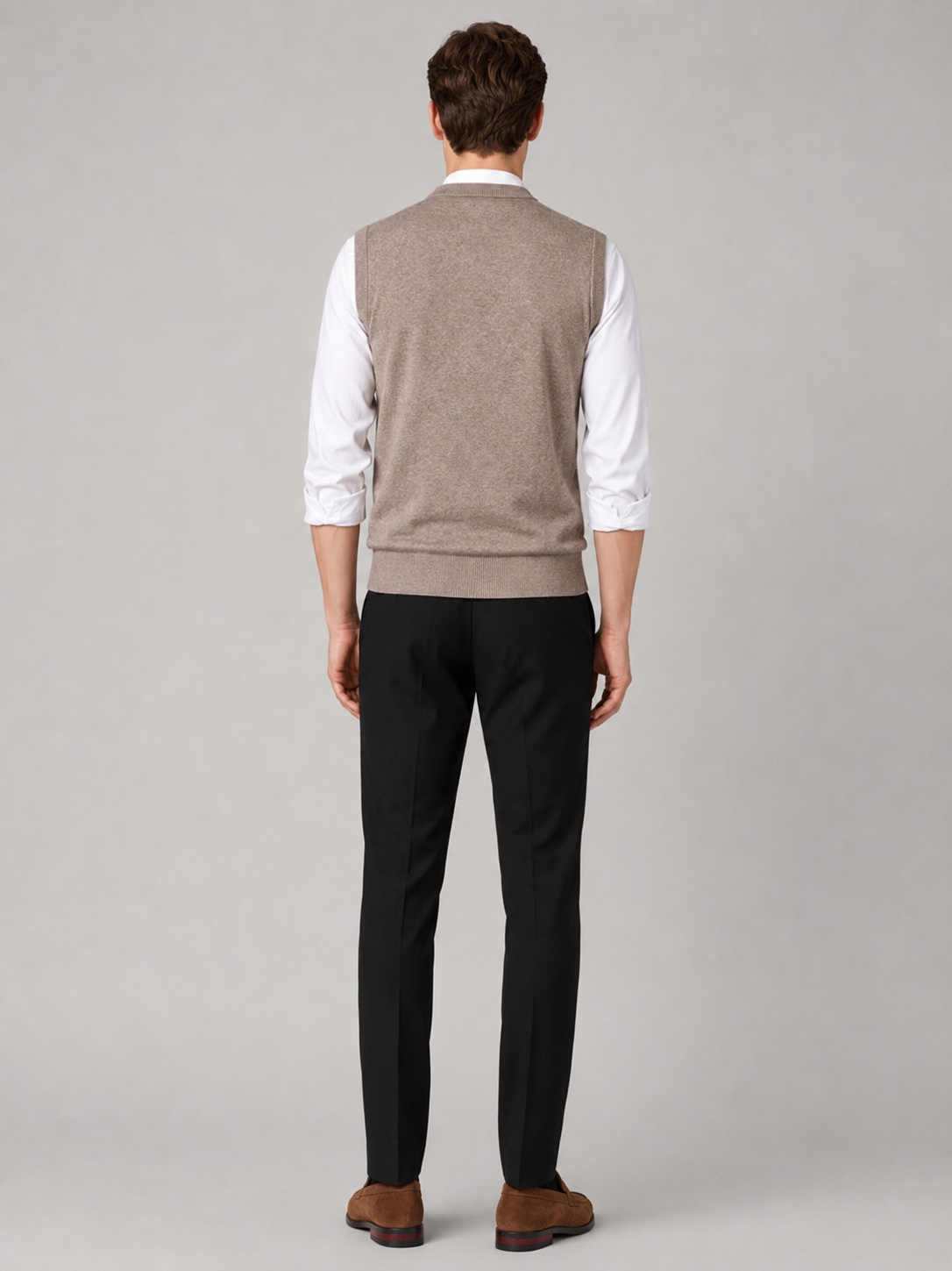 Men's solid color sweater vest – Khaki back view – Edward & Lawsen