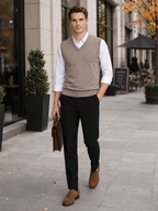Men's solid color sweater vest – Khaki lifestyle view – Edward & Lawsen