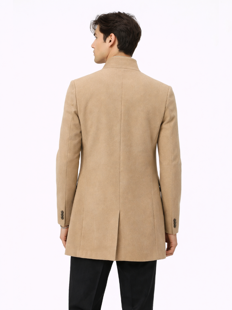 Men's tailored wool blend trench coat – Khaki back view – Edward & Lawsen
