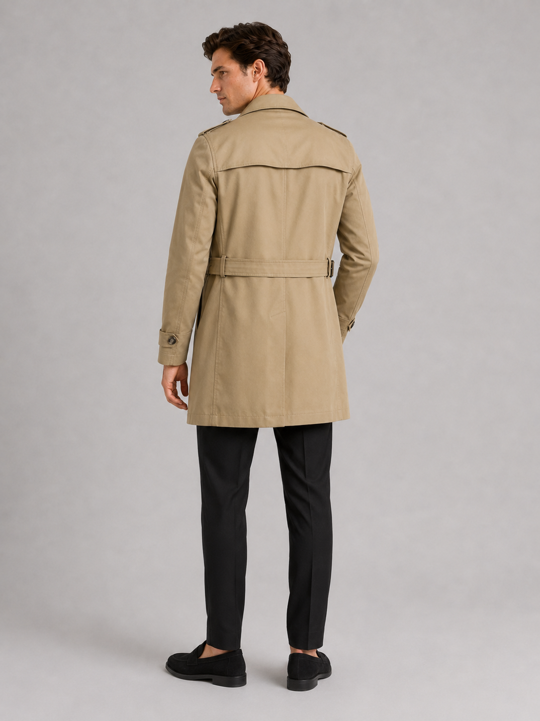 Men's cotton single-breasted trench coat – Khaki back view – Edward & Lawsen