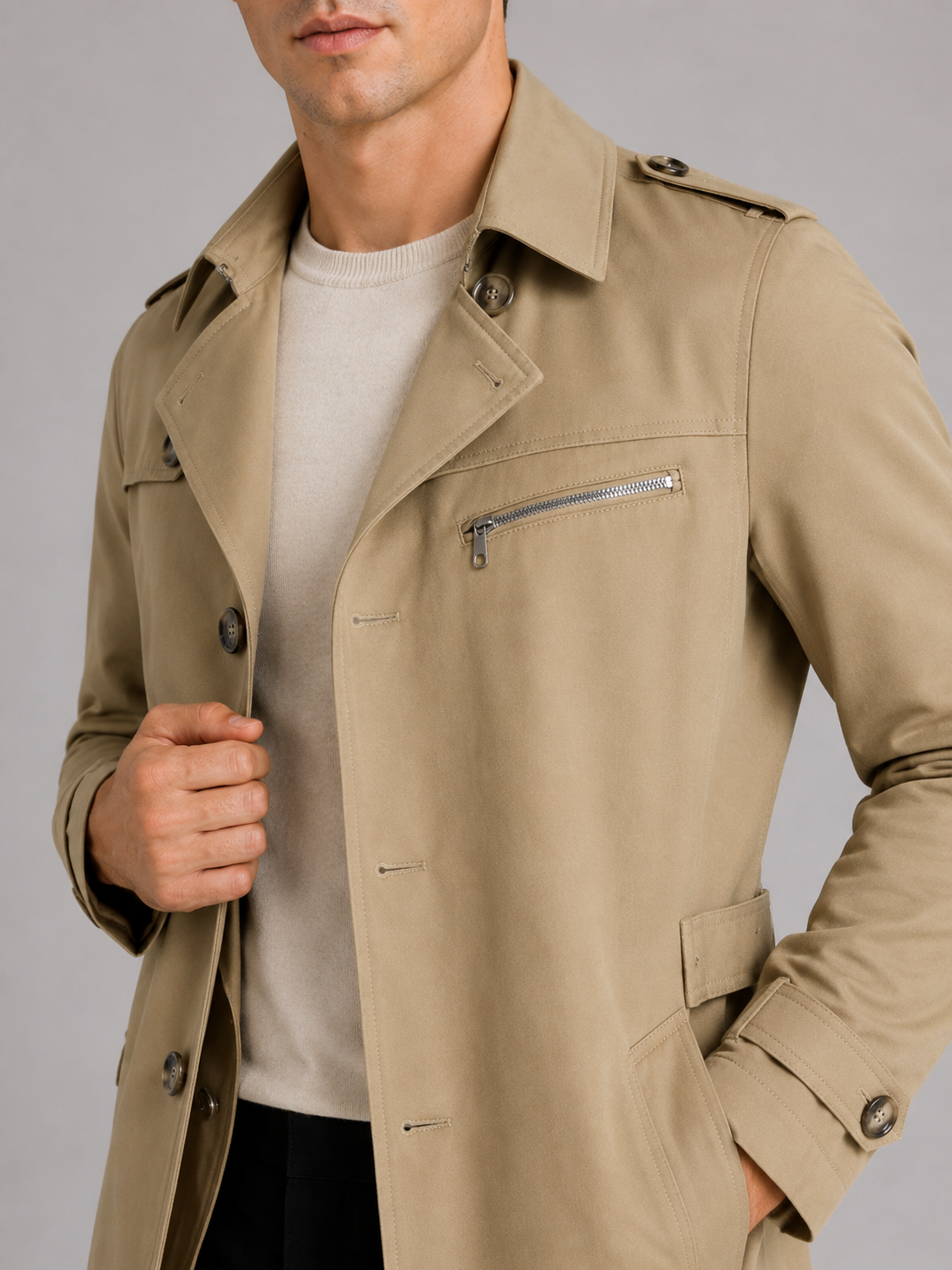 Men's cotton single-breasted trench coat – Khaki detail view – Edward & Lawsen