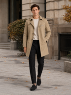 Men's cotton single-breasted trench coat – Khaki lifestyle view – Edward & Lawsen