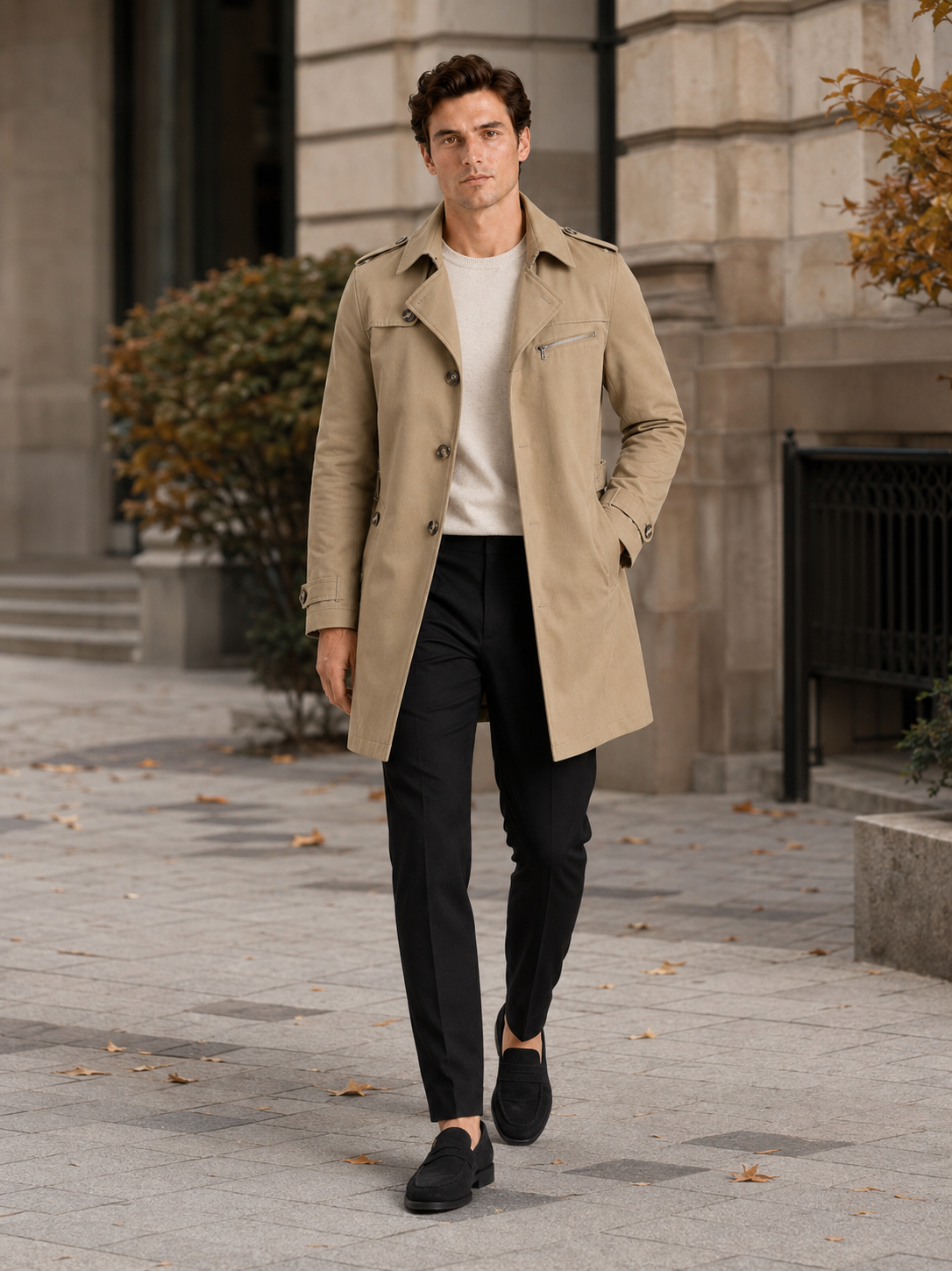 Men's cotton single-breasted trench coat – Khaki lifestyle view – Edward & Lawsen