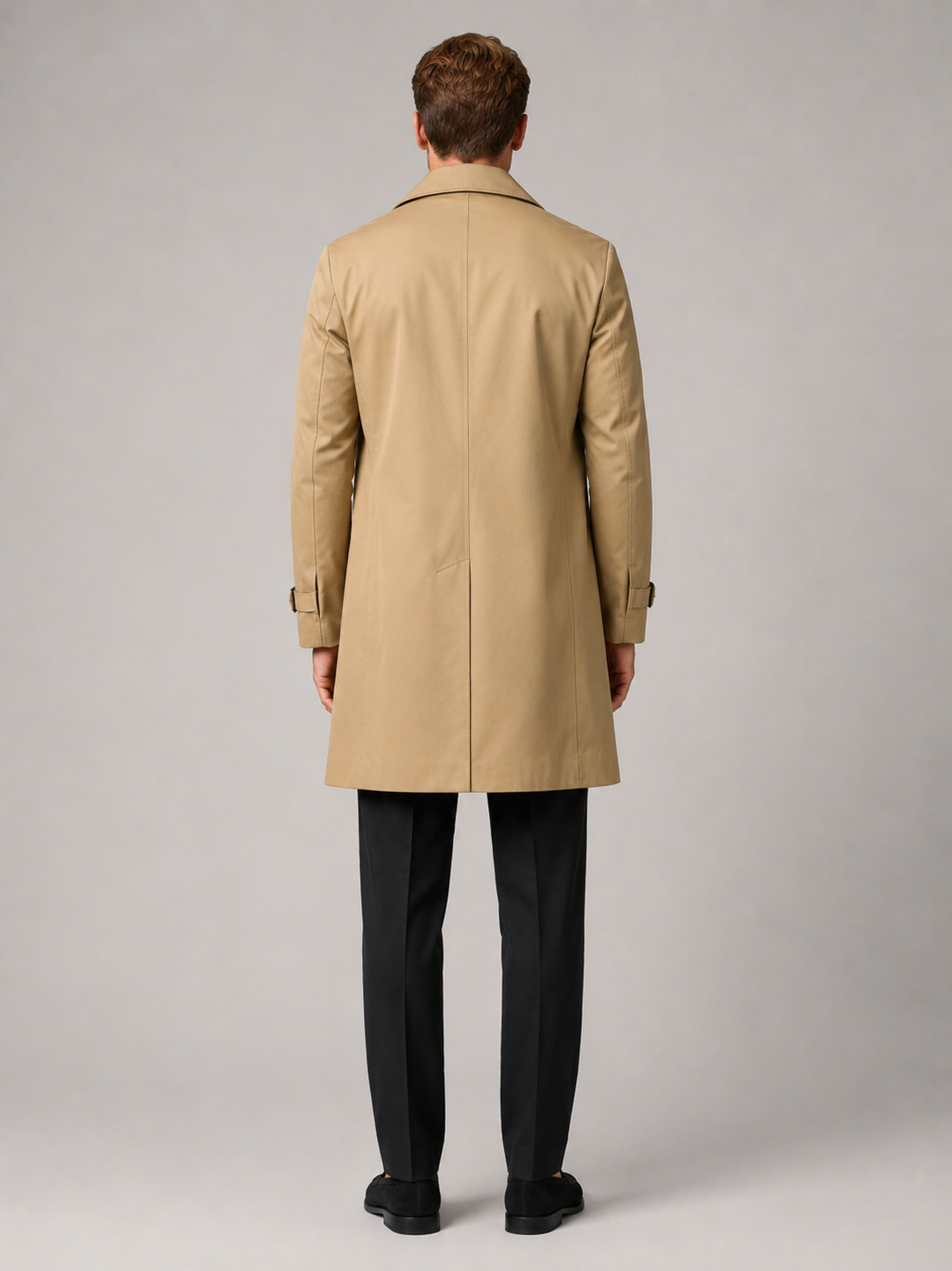 Men's windproof knee-length trench coat – Khaki back view – Edward & Lawsen