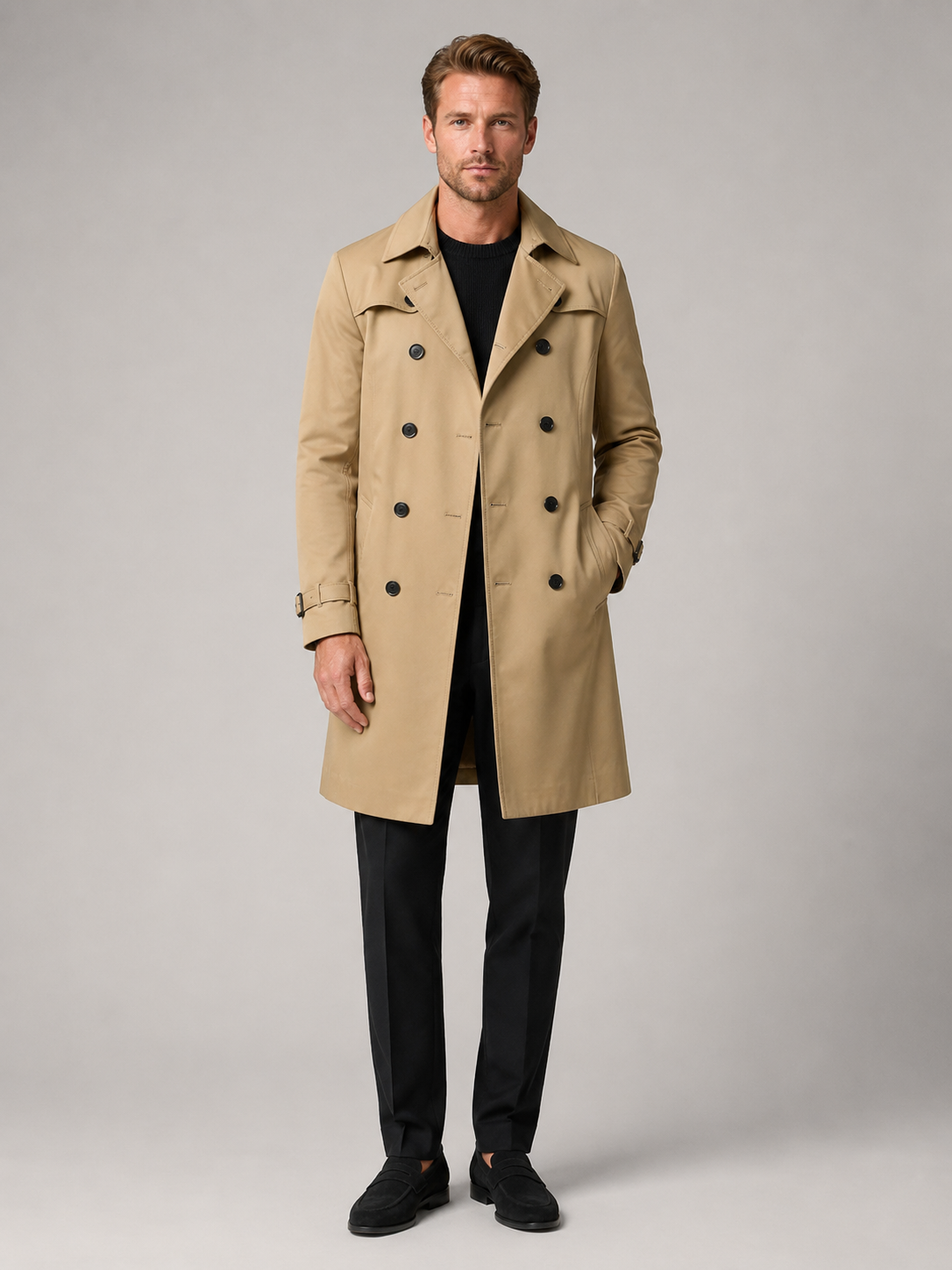 Men's windproof knee-length trench coat – Khaki full view – Edward & Lawsen