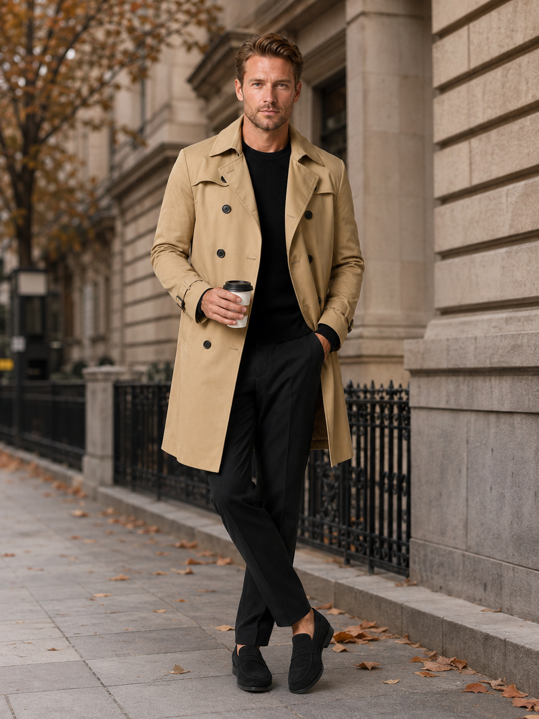 Men's windproof knee-length trench coat – Khaki lifestyle view – Edward & Lawsen