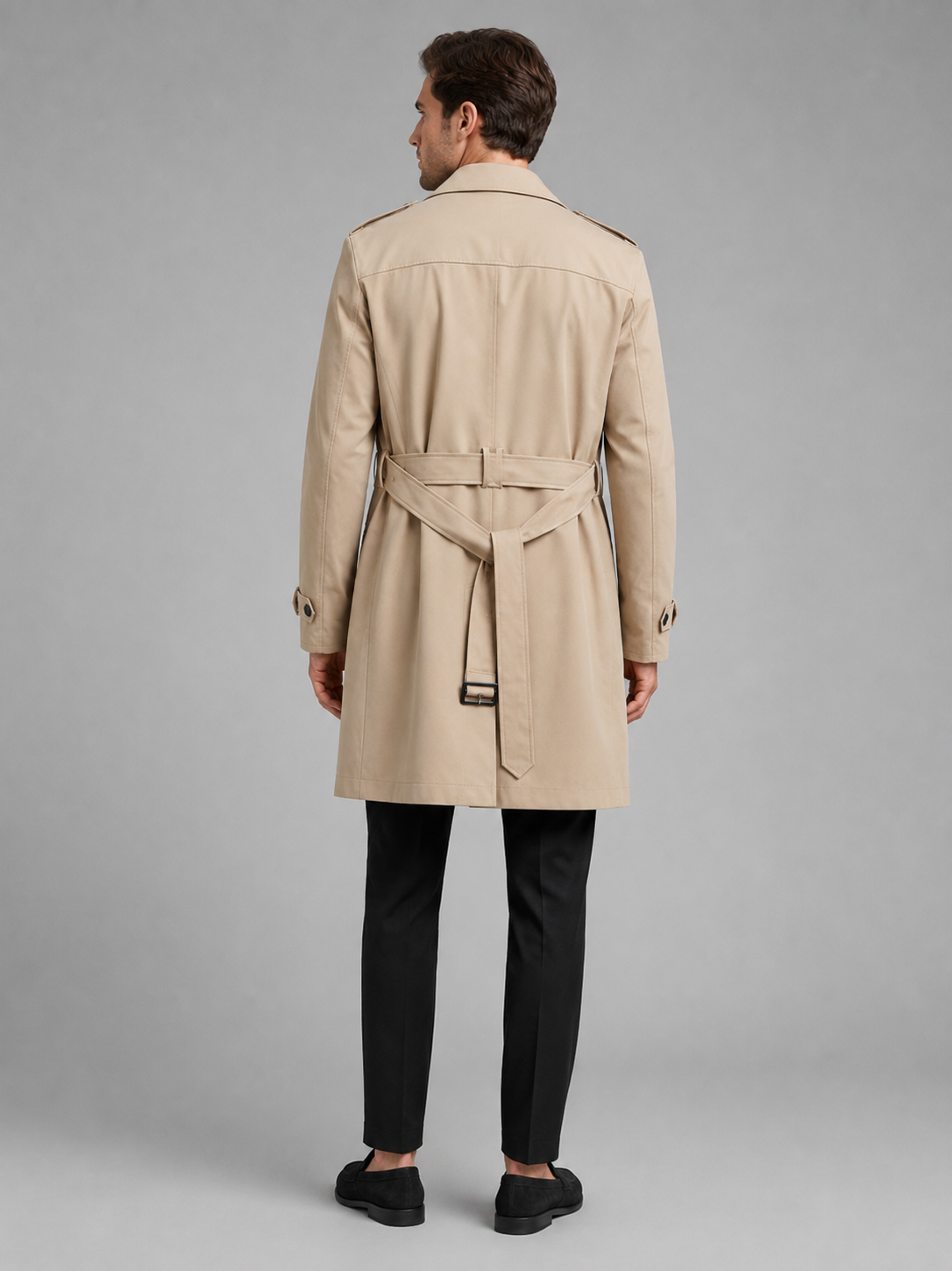 Men's windproof belted double-breasted trench coat – Khaki back view – Edward & Lawsen