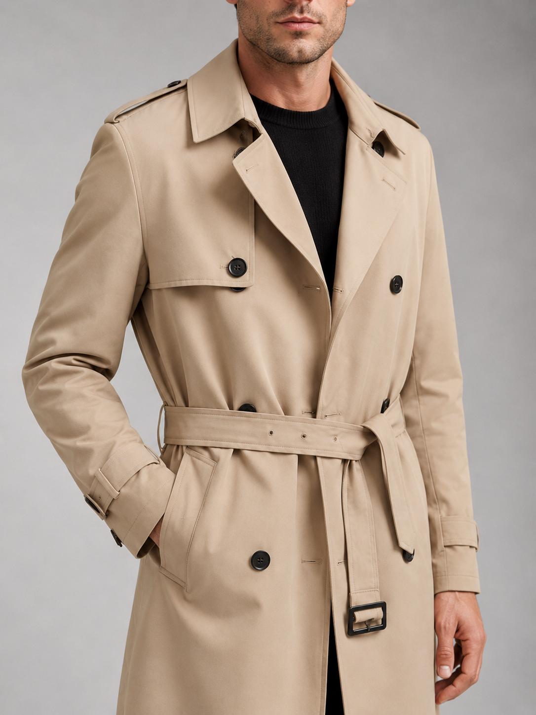 Men's windproof belted double-breasted trench coat – Khaki detail view – Edward & Lawsen