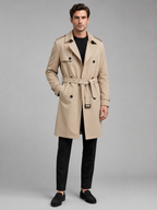 Men's windproof belted double-breasted trench coat – Khaki full view – Edward & Lawsen