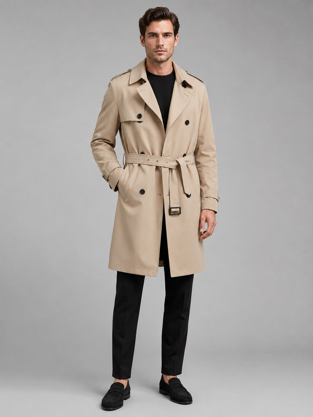 Men's windproof belted double-breasted trench coat – Khaki full view – Edward & Lawsen