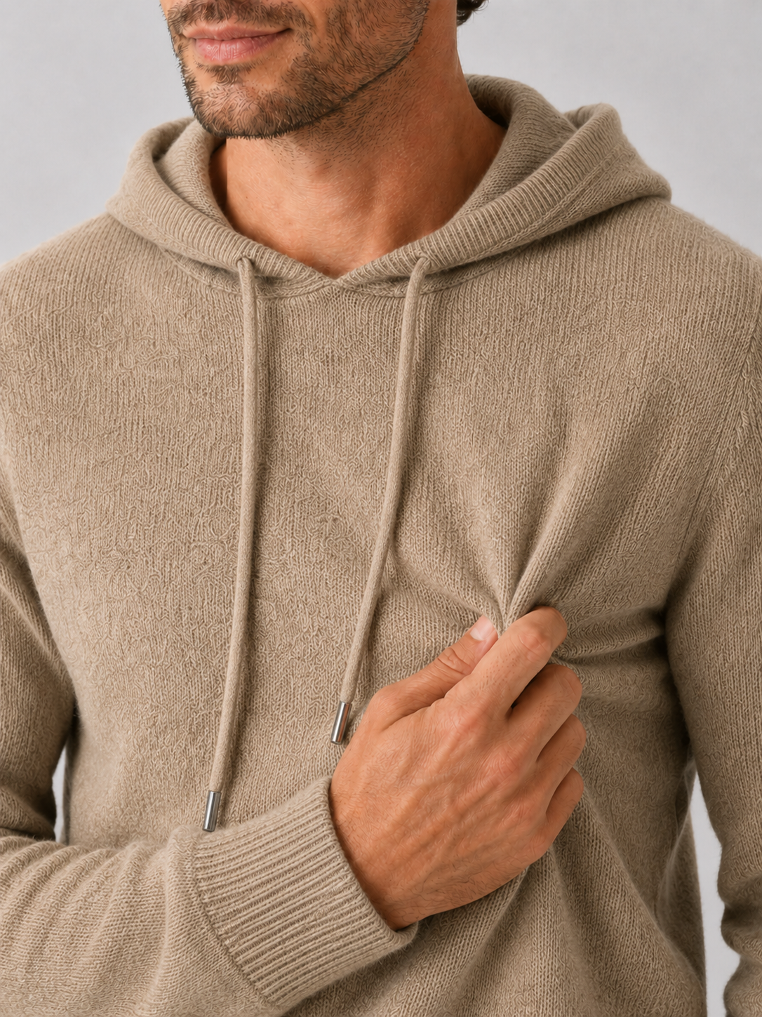 Men's wool hoodie sweater – Khaki detail view – Edward & Lawsen