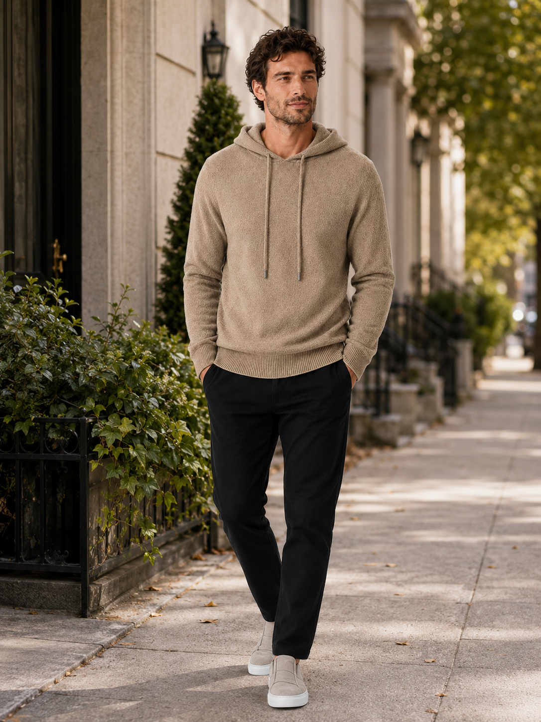 Men's wool hoodie sweater – Khaki lifestyle view – Edward & Lawsen