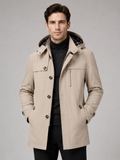 Men's hooded cotton trench coat – Beige front view – Edward & Lawsen
