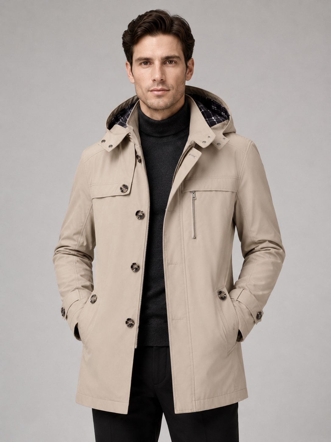Men's hooded cotton trench coat – Beige front view – Edward & Lawsen