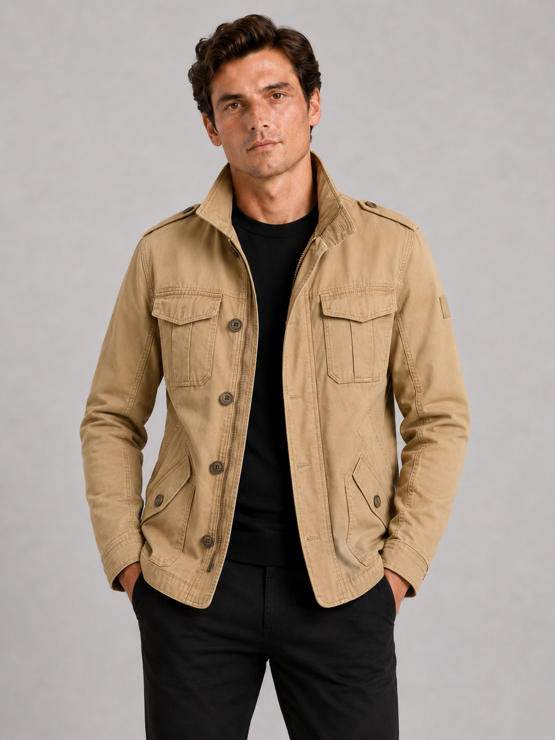 Men's military cargo jacket – Khaki front view – Edward & Lawsen
