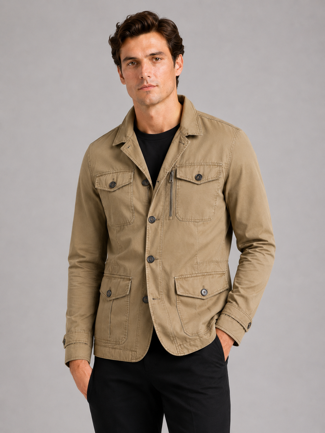 Men's military windbreaker jacket – Khaki front view – Edward & Lawsen