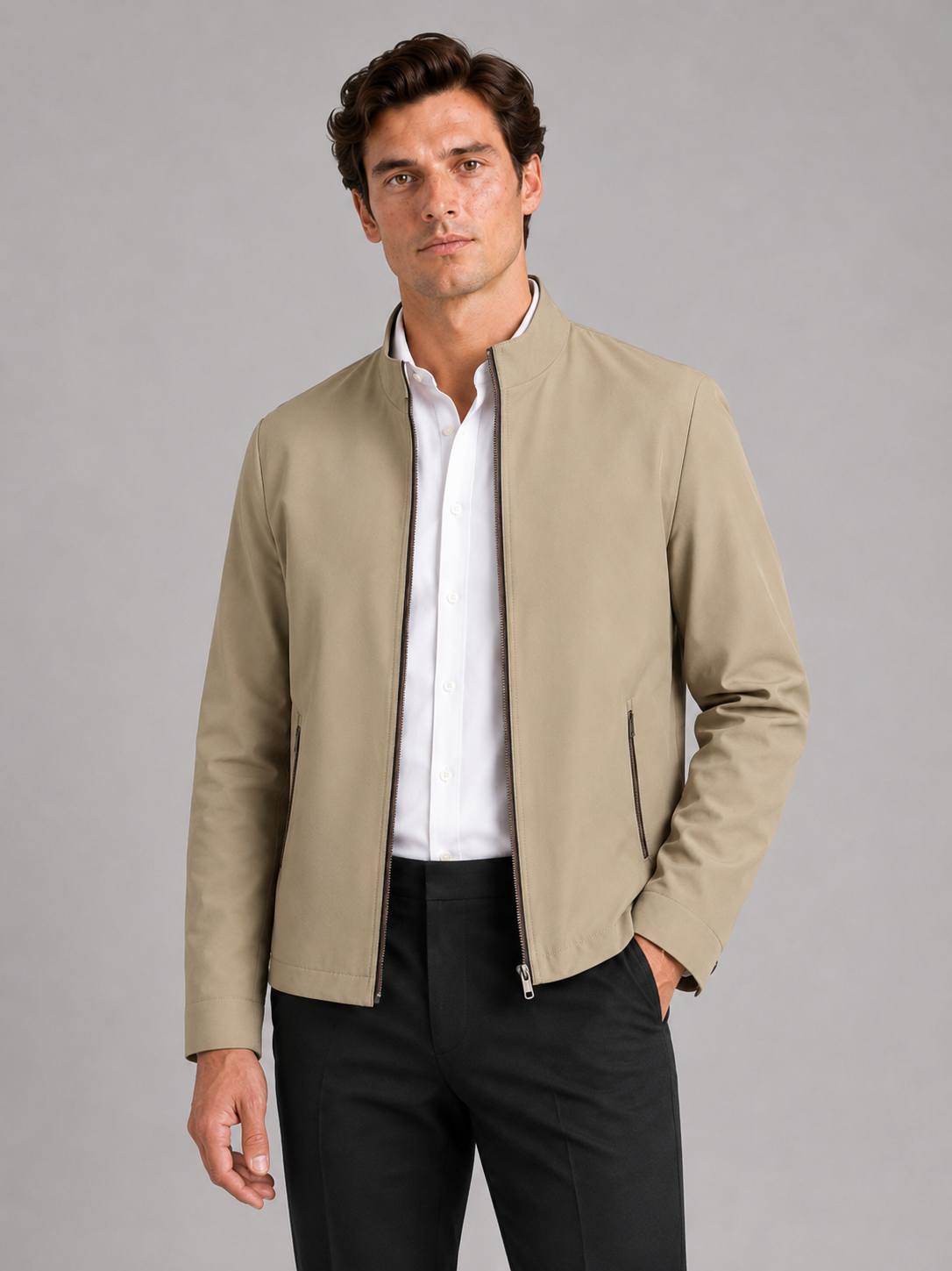 Men's stand collar fall jacket – Khaki front view – Edward & Lawsen