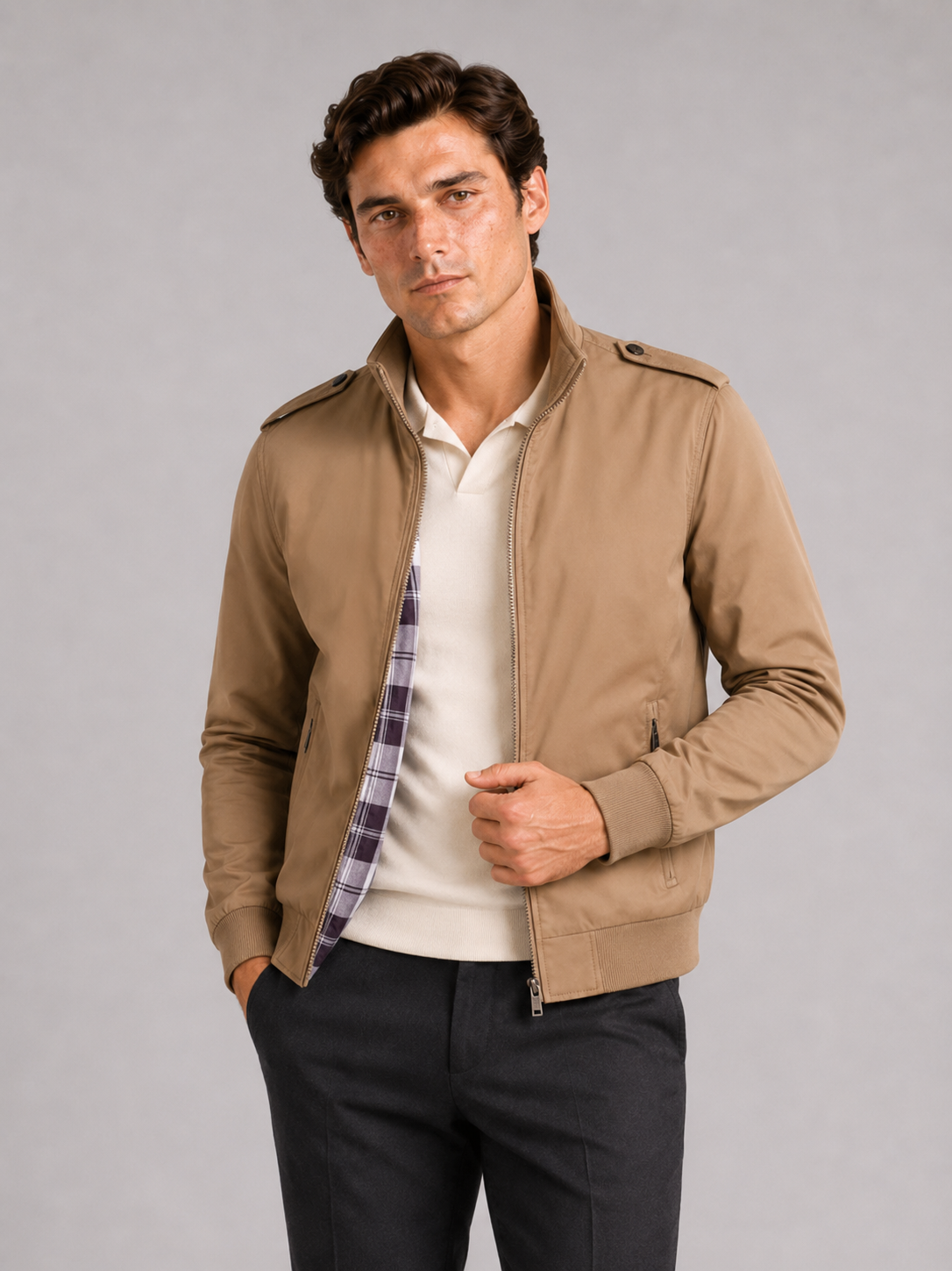 Men's stand collar trench jacket – Khaki front view – Edward & Lawsen