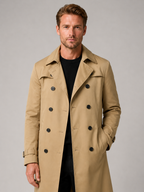 Men's windproof knee-length trench coat – Khaki front view – Edward & Lawsen