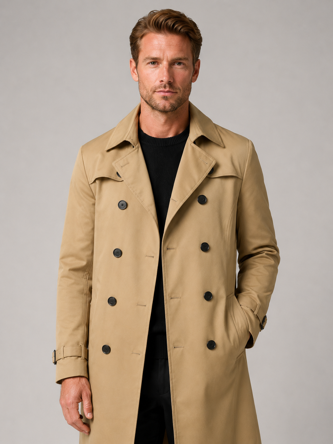 Men's windproof knee-length trench coat – Khaki front view – Edward & Lawsen
