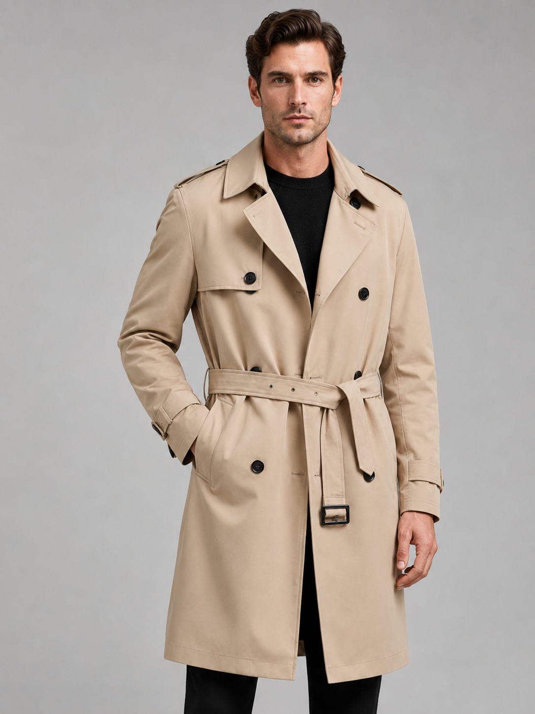 Men's windproof belted double-breasted trench coat – Khaki front view – Edward & Lawsen