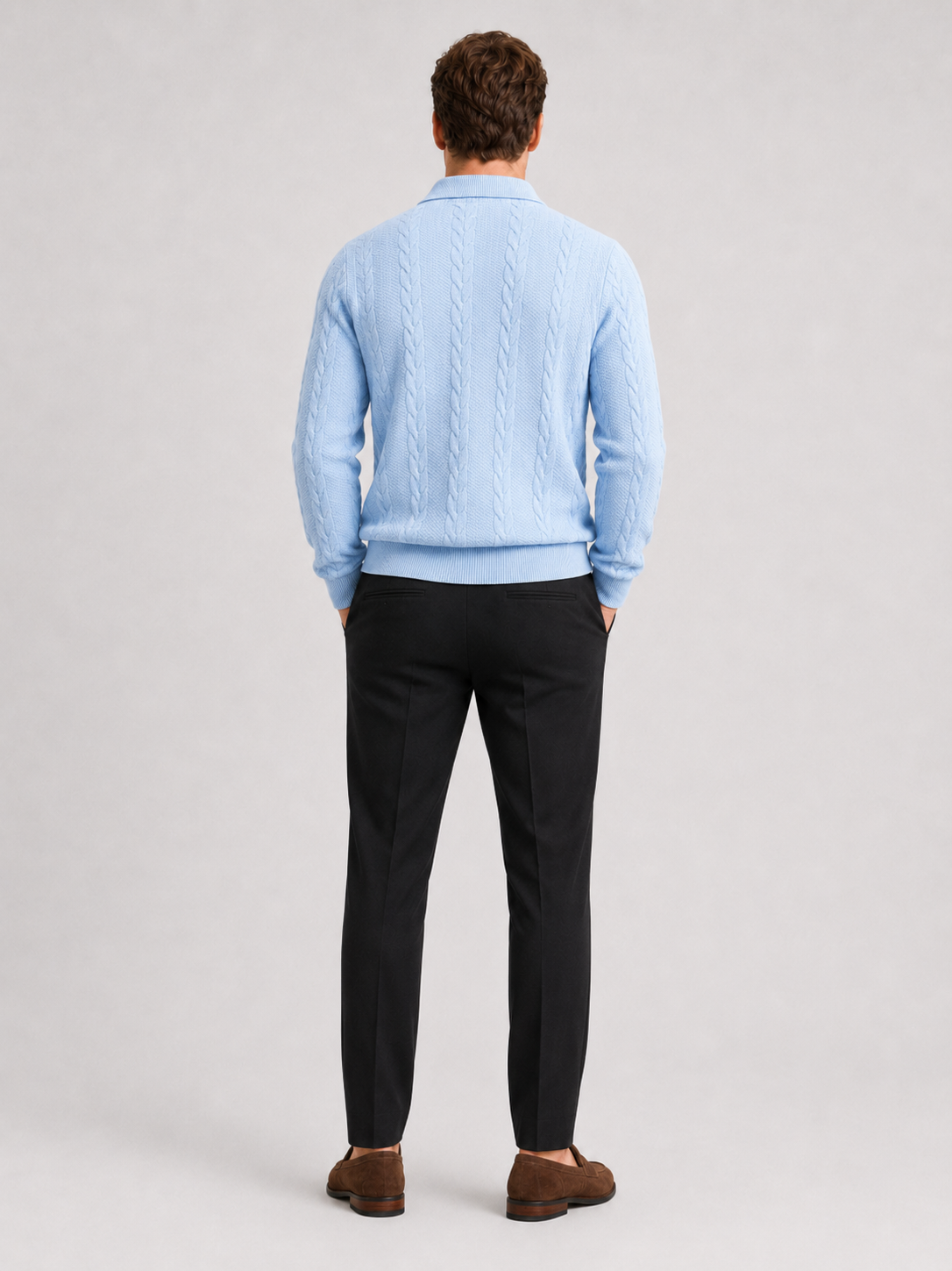Men's quarter-zip turn-down collar sweater – Light Blue back view – Edward & Lawsen