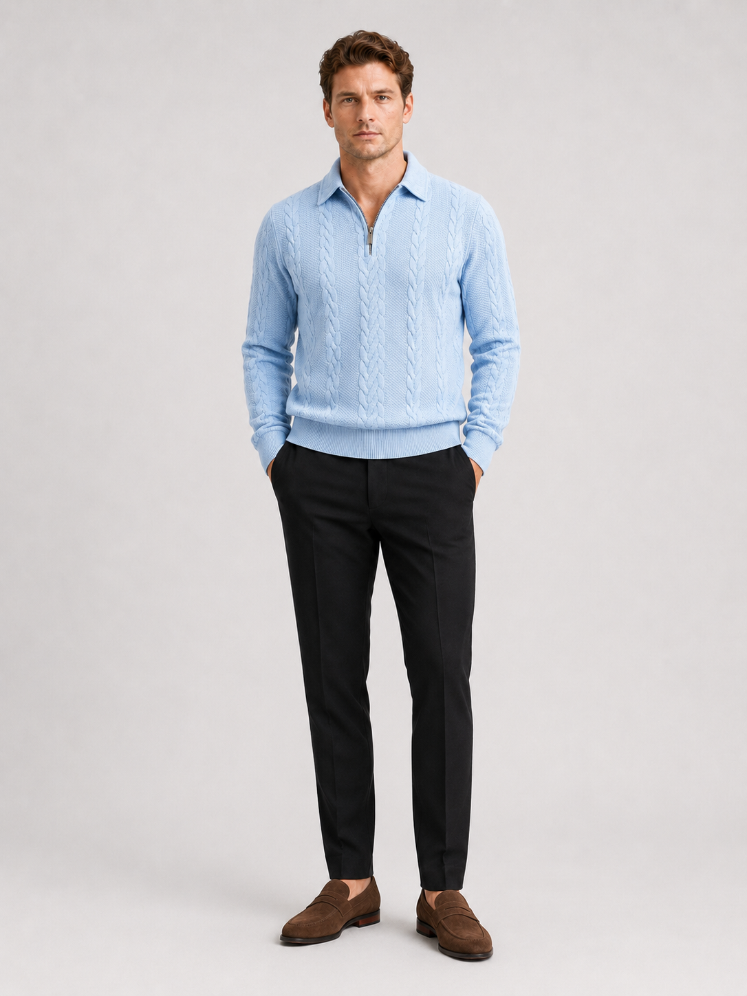 Men's quarter-zip turn-down collar sweater – Light Blue full view – Edward & Lawsen