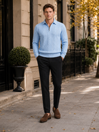 Men's quarter-zip turn-down collar sweater – Light Blue lifestyle view – Edward & Lawsen