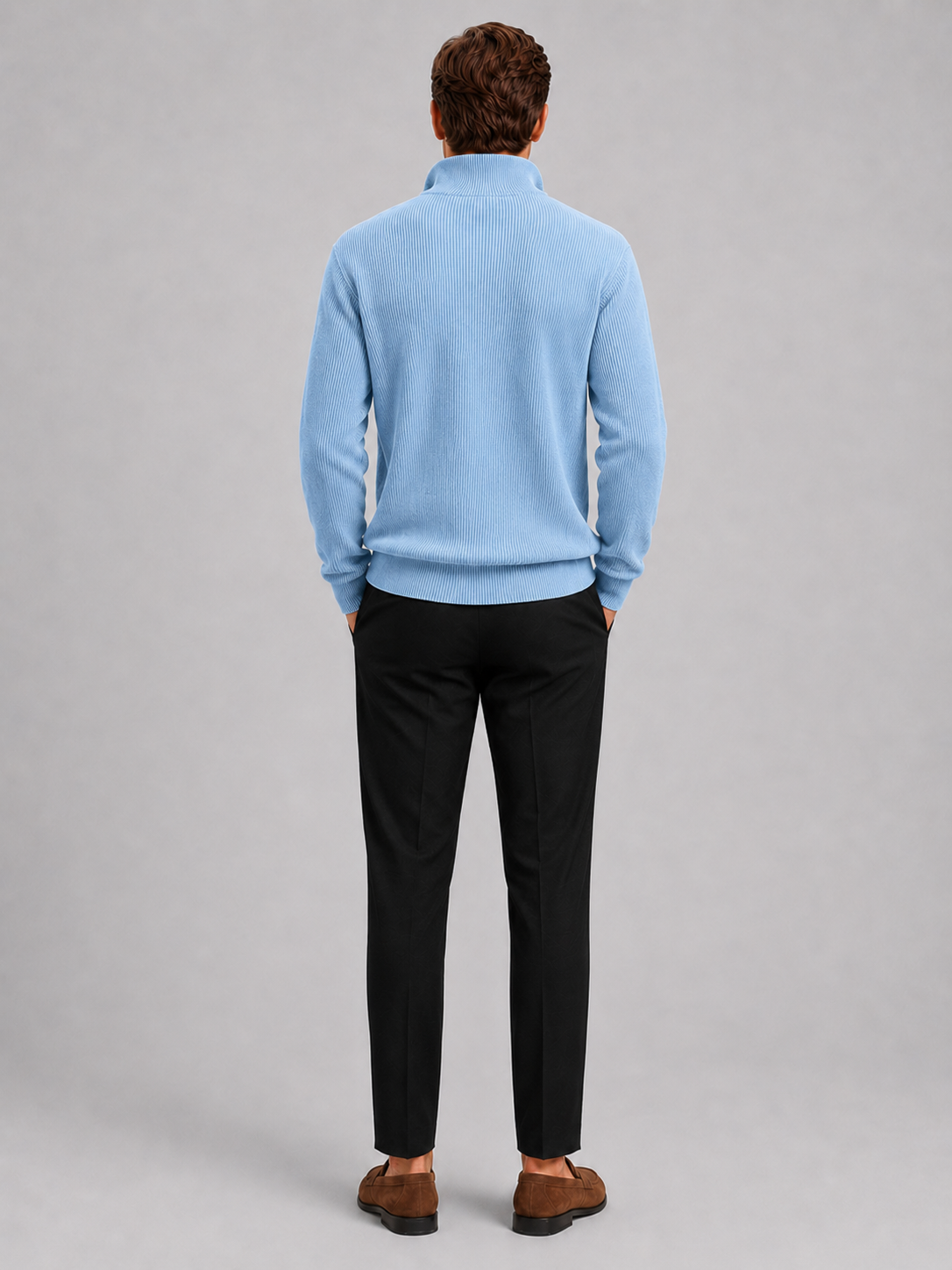 Men's ribbed stand collar quarter-zip sweater – Light Blue back view – Edward & Lawsen