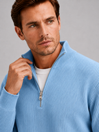 Men's ribbed stand collar quarter-zip sweater – Light Blue detail view – Edward & Lawsen