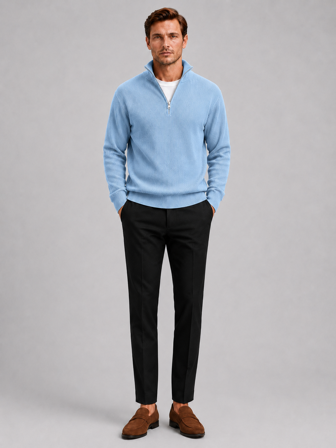 Men's ribbed stand collar quarter-zip sweater – Light Blue full view – Edward & Lawsen