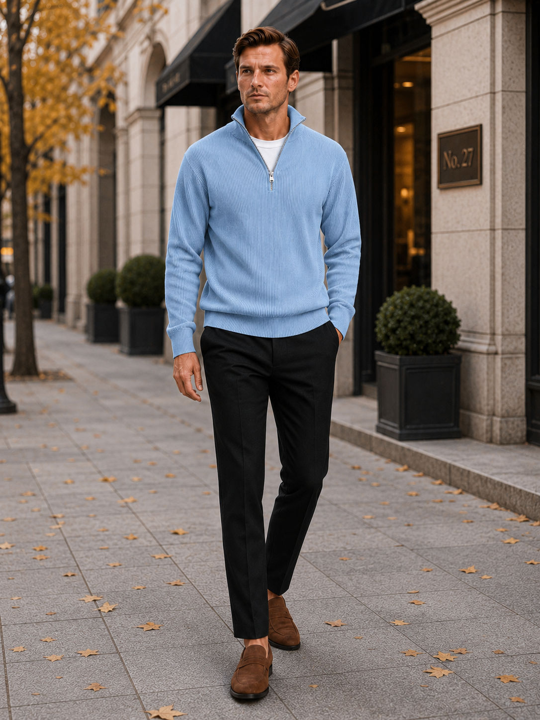 Men's ribbed stand collar quarter-zip sweater – Light Blue lifestyle view – Edward & Lawsen